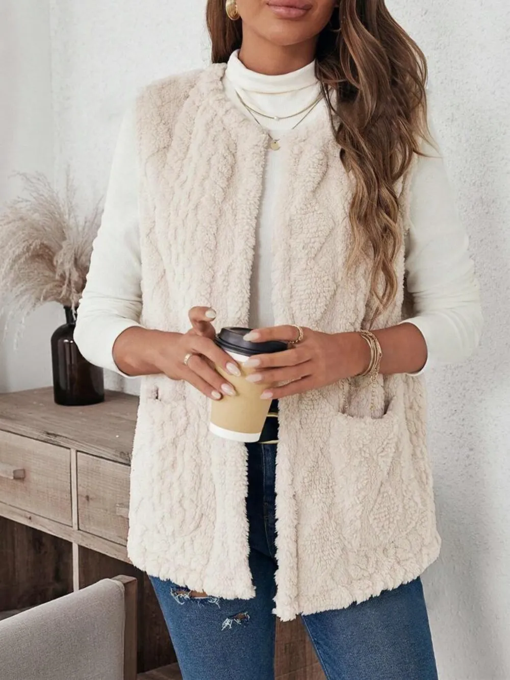 Fuzzy Open Front Vest with Pockets, image 4