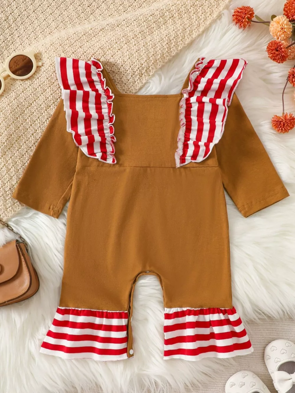 Children's Christmas Gingerbread Inspired Ruffle Trim Snapped Legs Jumpsuit, image 2