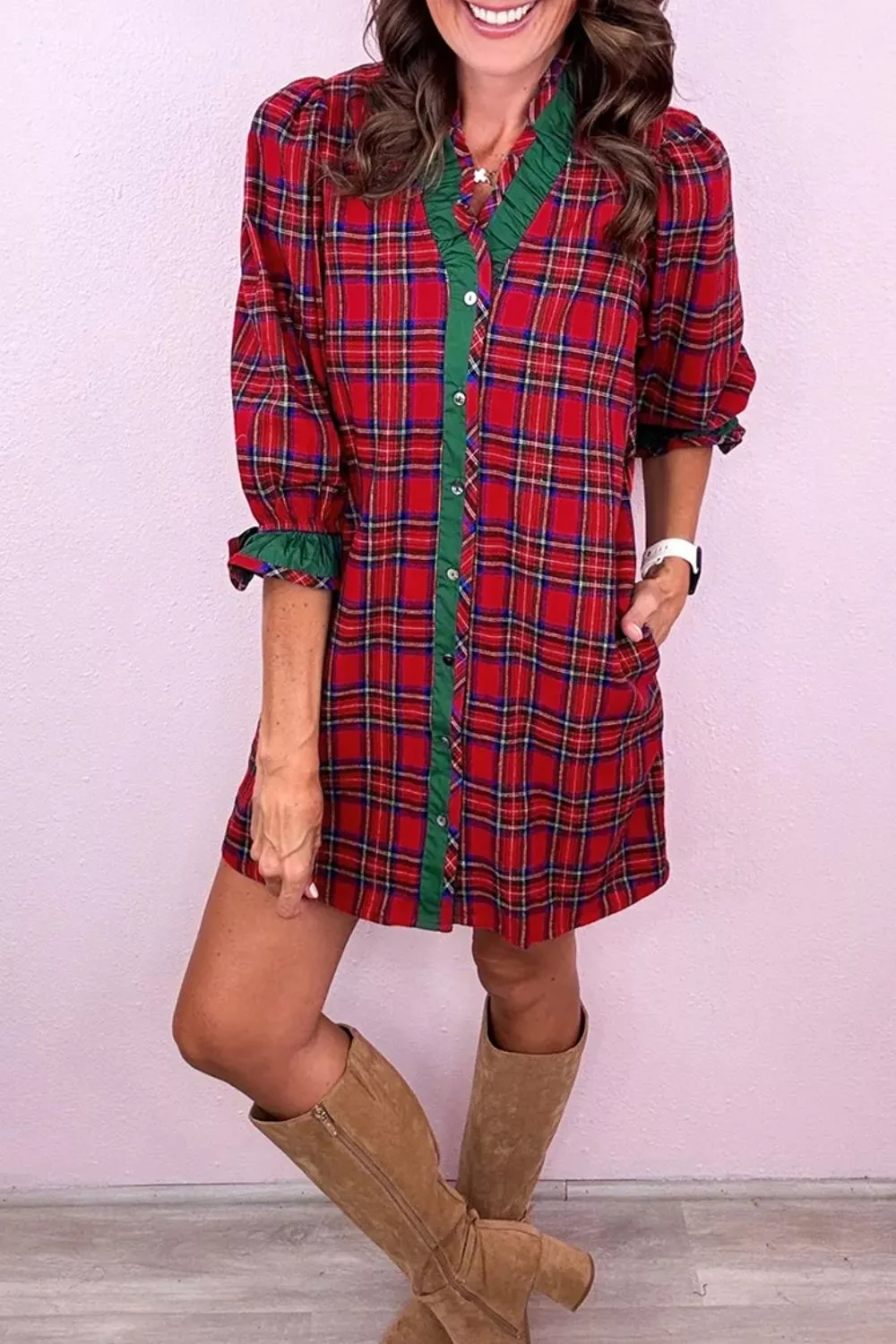 Plaid Ruffle Cuff Button Front Pocket Mini Dress, image 9