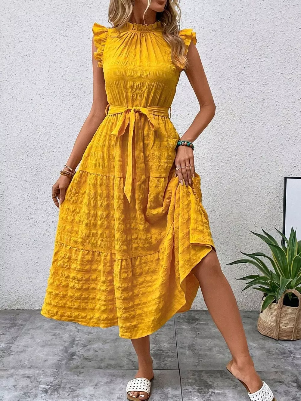 Tied Ruffled Cap Sleeve Midi Dress, image 11