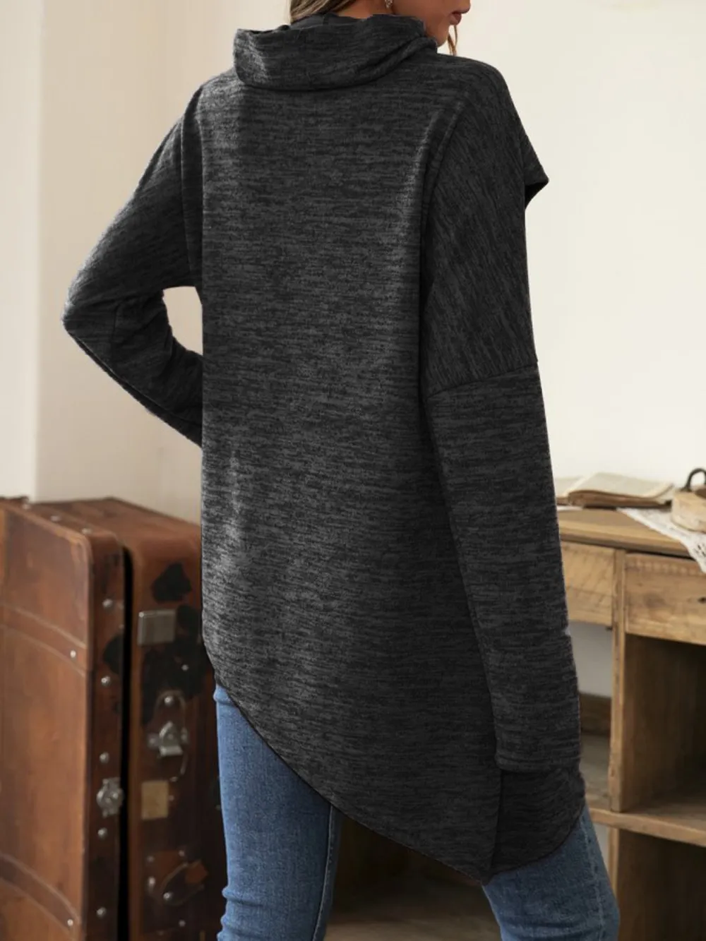 Asymmetrical Hem Cowl Neck Long Sleeve T-Shirt, image 6