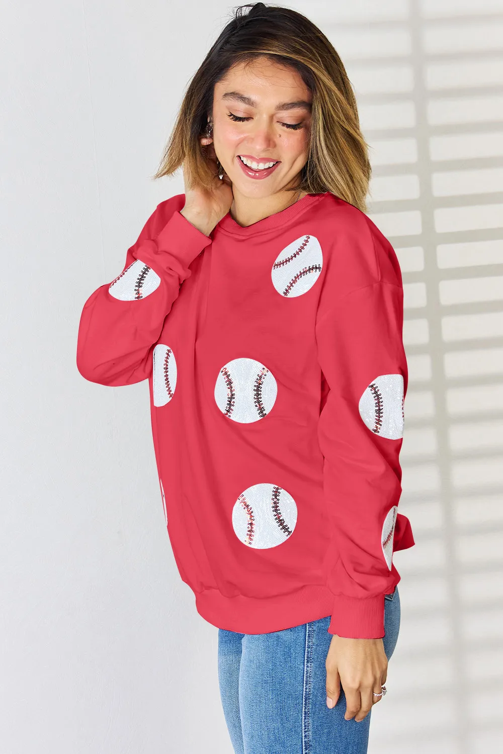 Sequin Baseball Round Neck Dropped Shoulder Sweatshirt, image 4