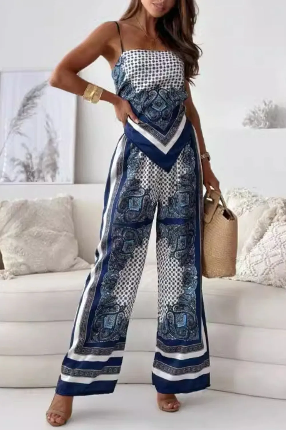 Printed Cami and Wide Leg Pants Set, image 4