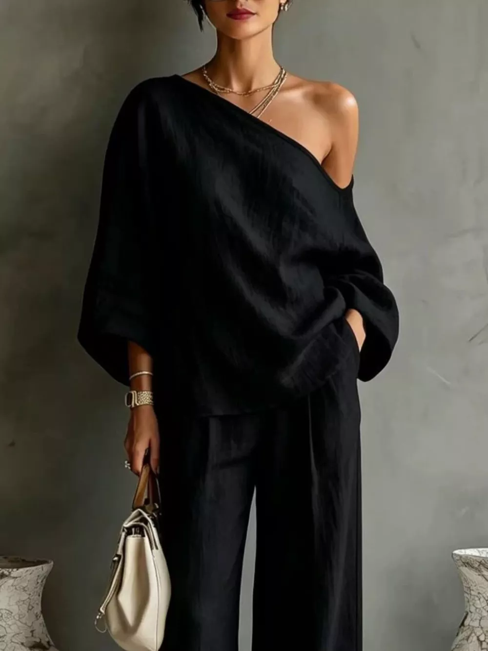 One Shoulder Top and Wide Leg Pants Set, image 5