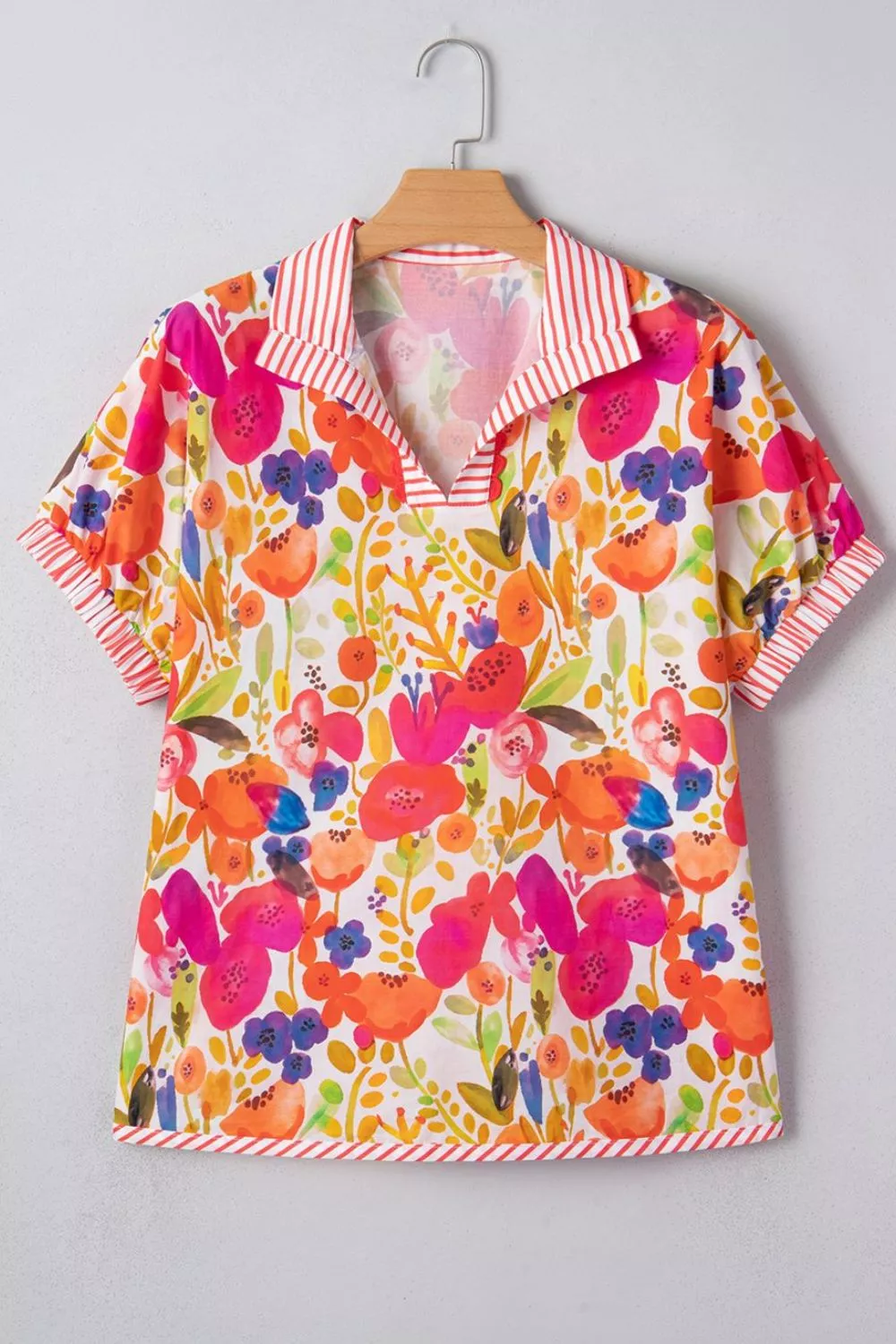 Striped Trim Collared V Neck Short Sleeve Floral Print Blouse, image 6