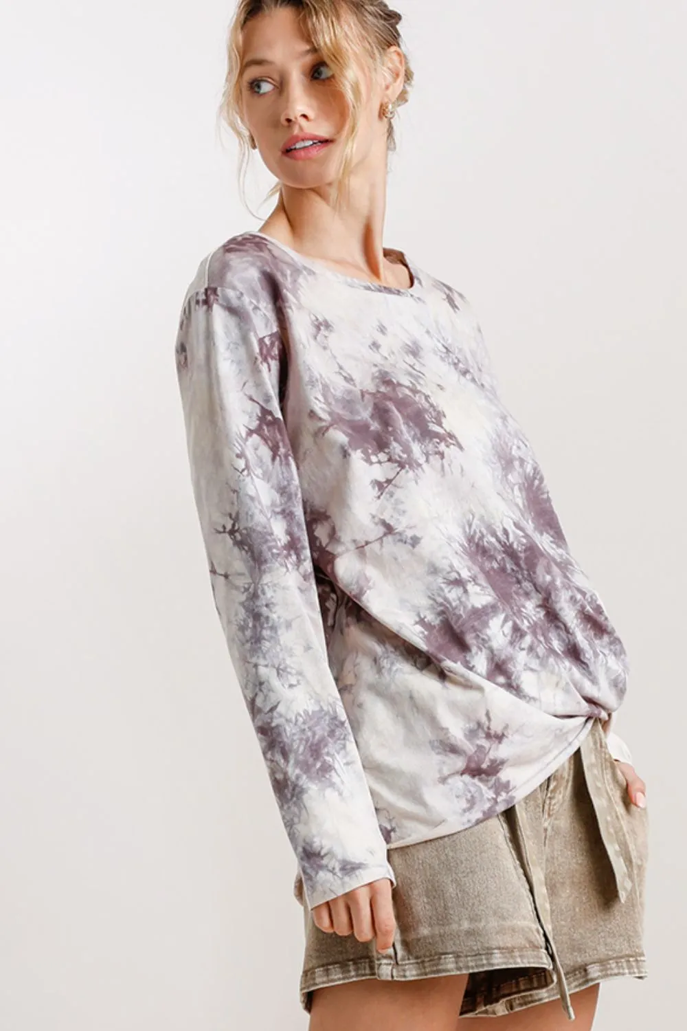 Full Size Tie Dye Front Gathered Detail Round Neck Long Sleeve T-Shirt Plus Size, image 2