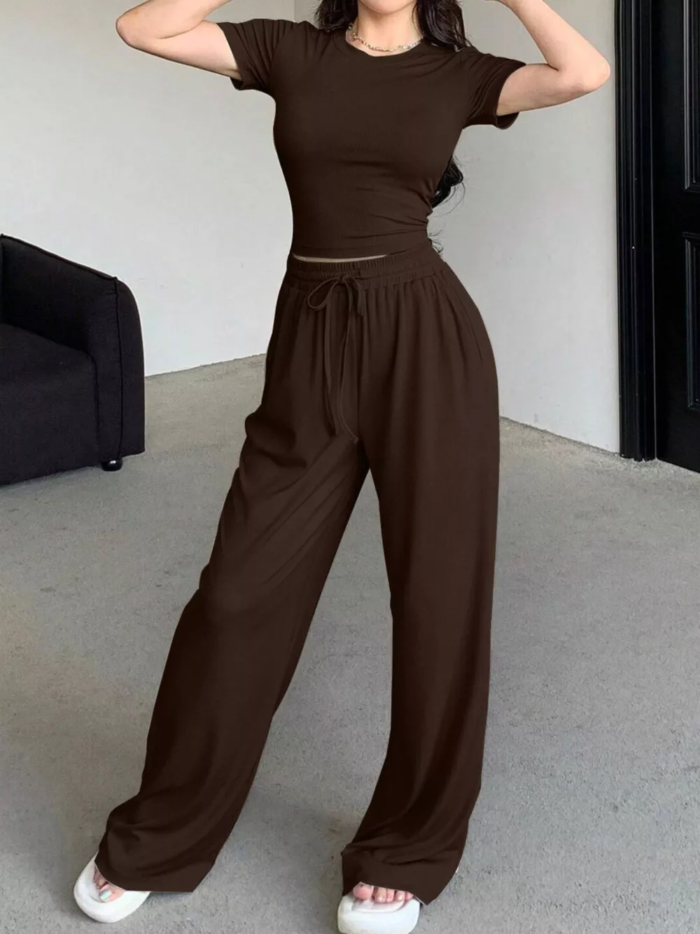 Solid Color Short Sleeve Crop Top and Wide Leg Pants Set, image 2