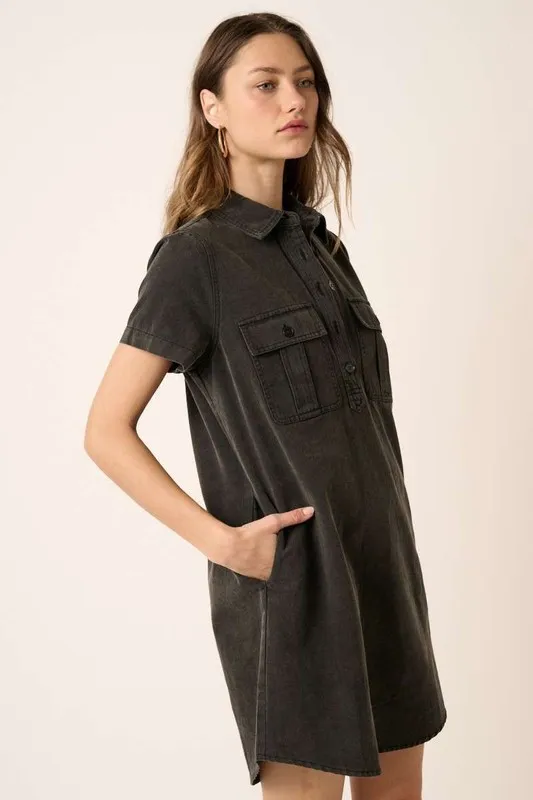 Button Detail Collared Neck Short Sleeve Shirt Dress, image 3