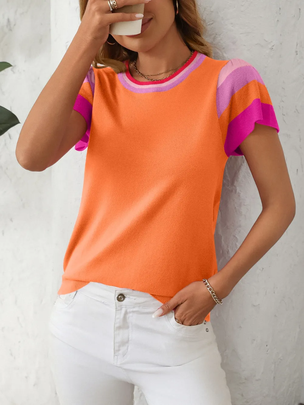 Contrast Round Neck Short Sleeve Knit Top, image 18
