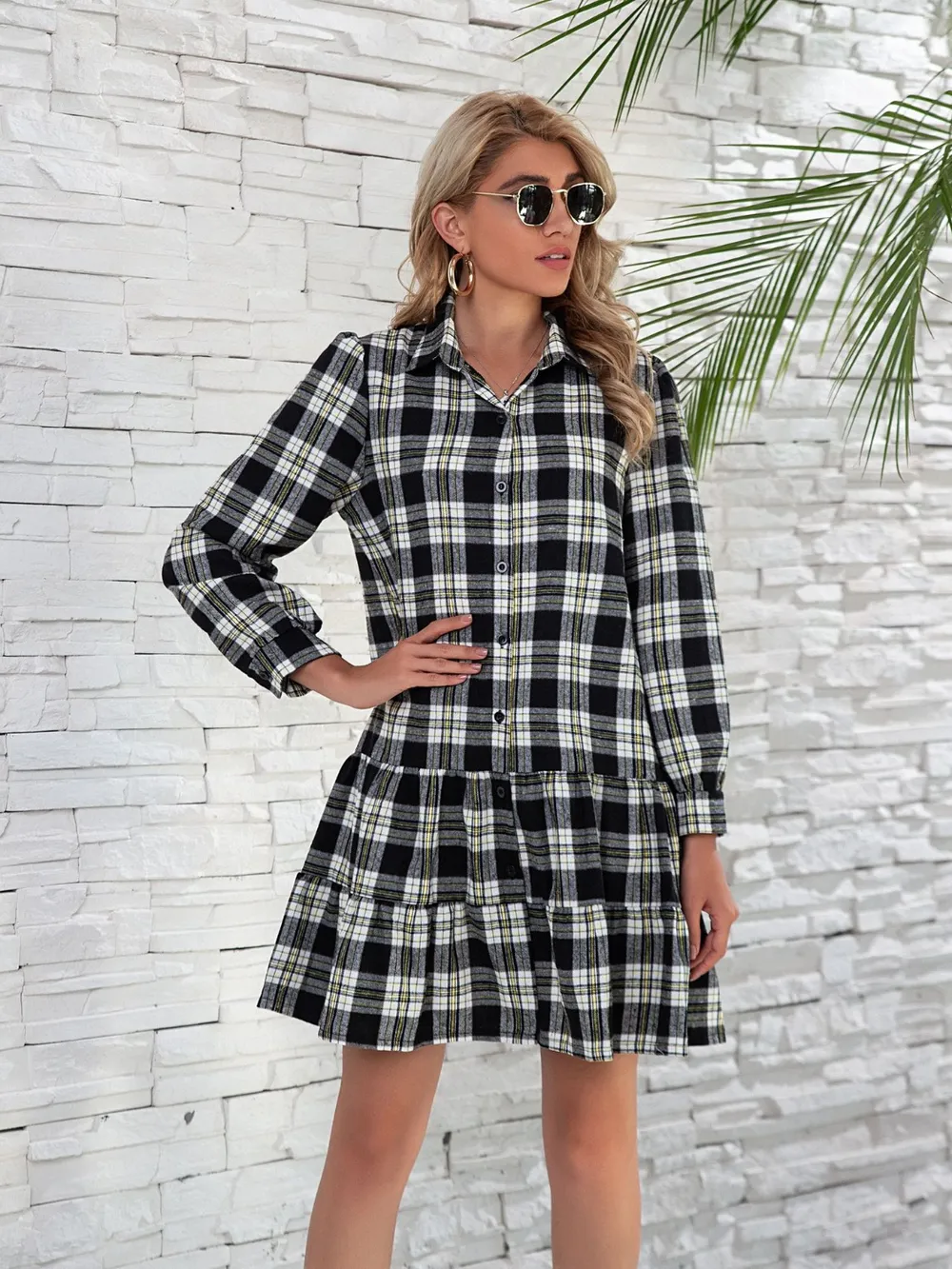 Ruffle Hem Plaid Button Down Long Sleeve Dress, image 7