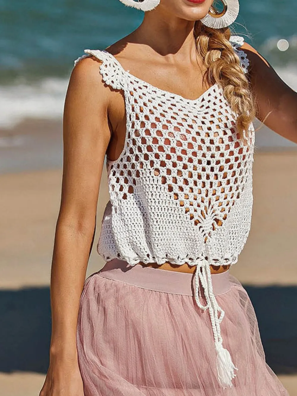 Tassel Openwork Sleeveless Knit Cover Up, image 17