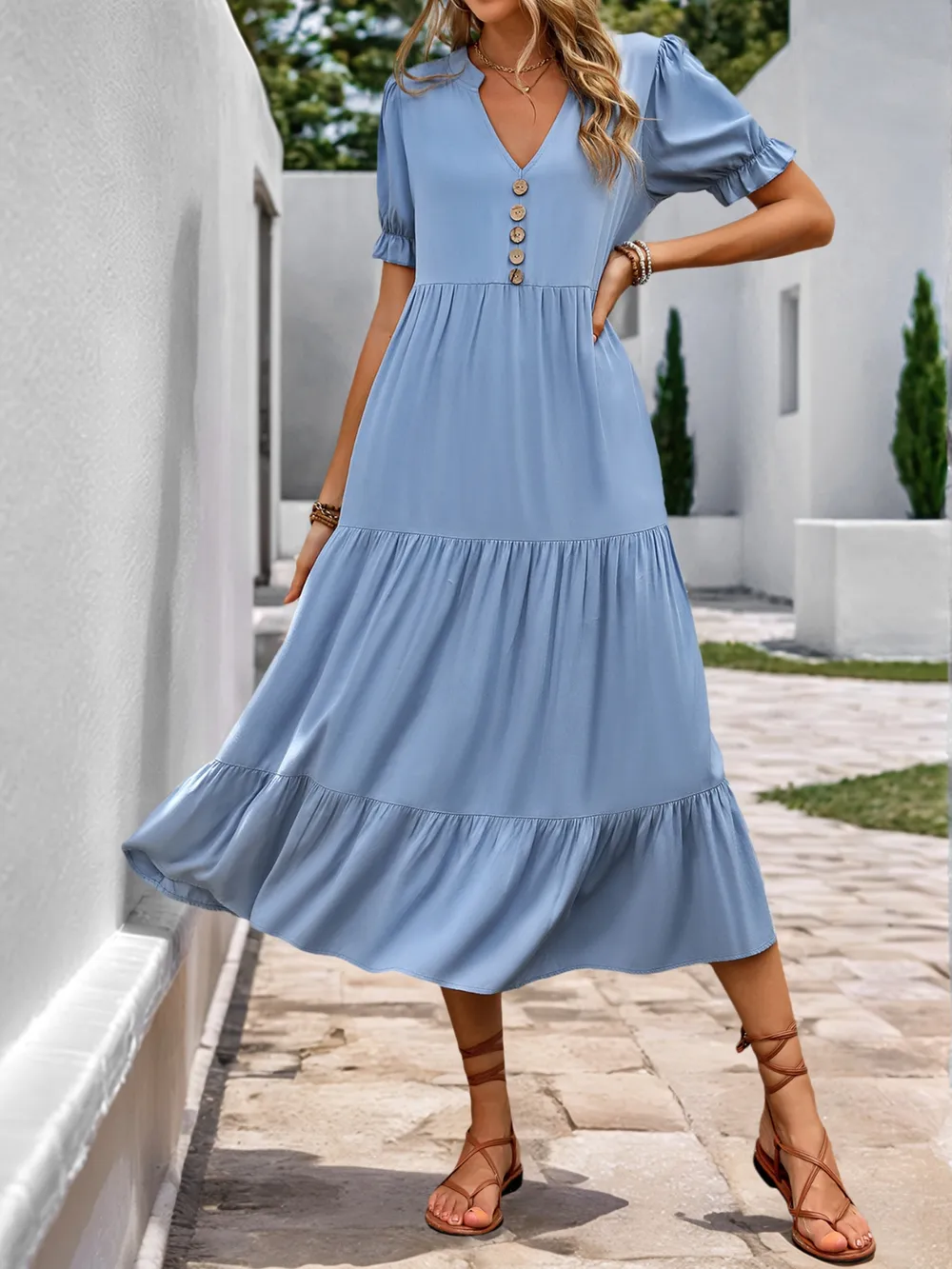 Notched Short Sleeve Tiered Midi Dress, image 4