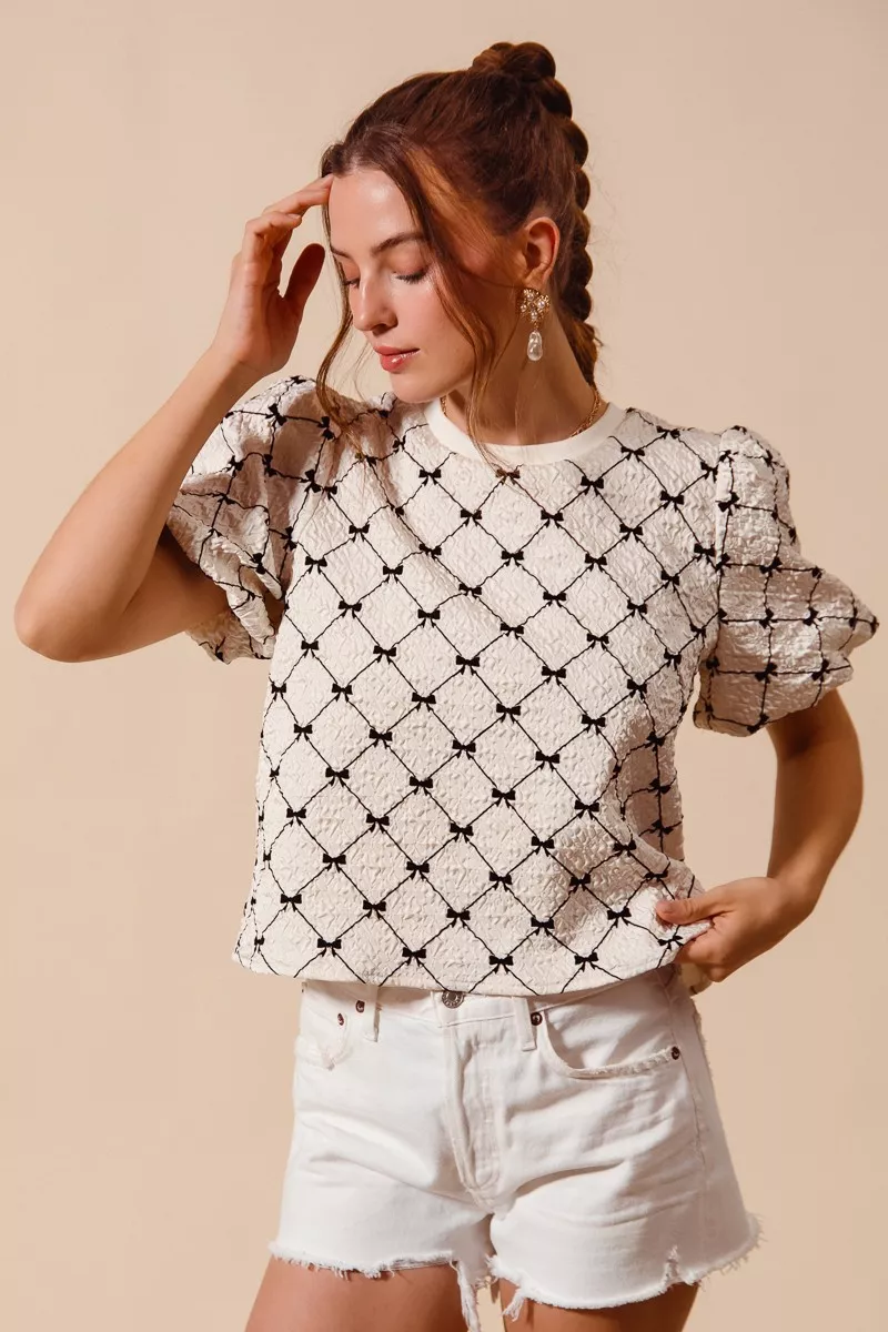 Bow Texture Woven Bubble Sleeve Top, image 7
