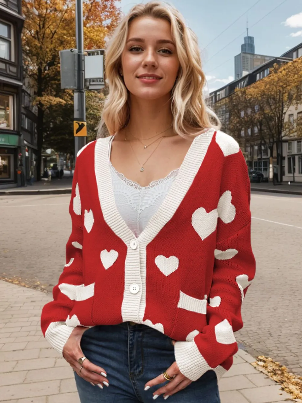 Heart Button Up Dropped Shoulder Long Sleeve Cardigan, image 9