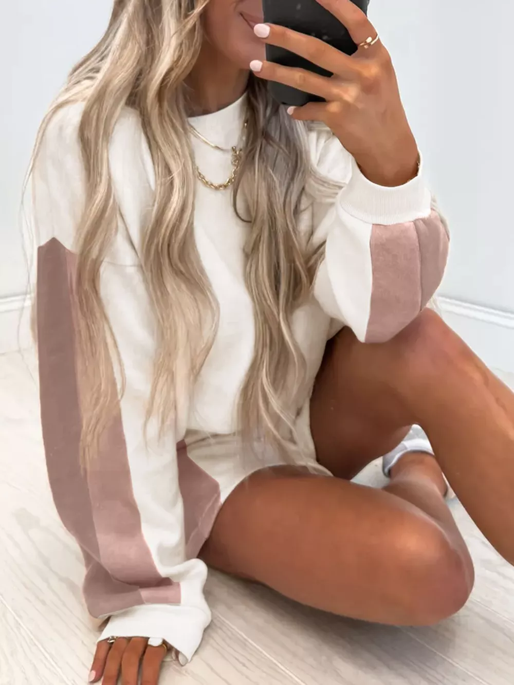 Color Block Patchwork Drop Shoulder Pullover and Shorts Set, image 2