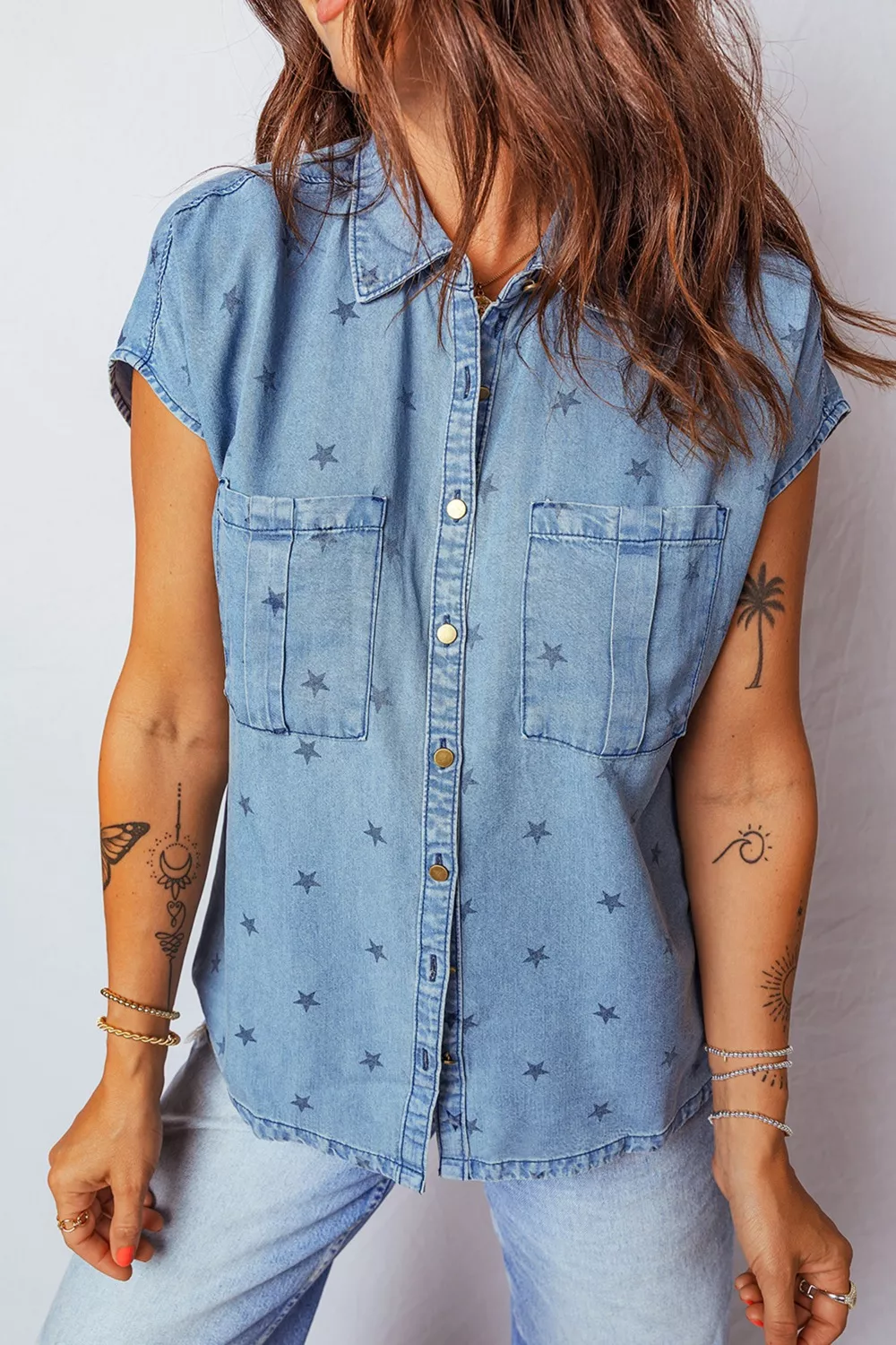 Double Chest Pocket Short Sleeve Denim Shirt, image 3
