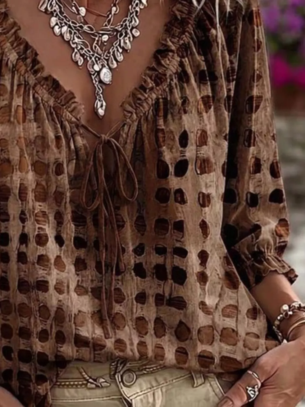 Full Size Tie Neck 3/4 Sleeve Blouse Plus Size, image 12