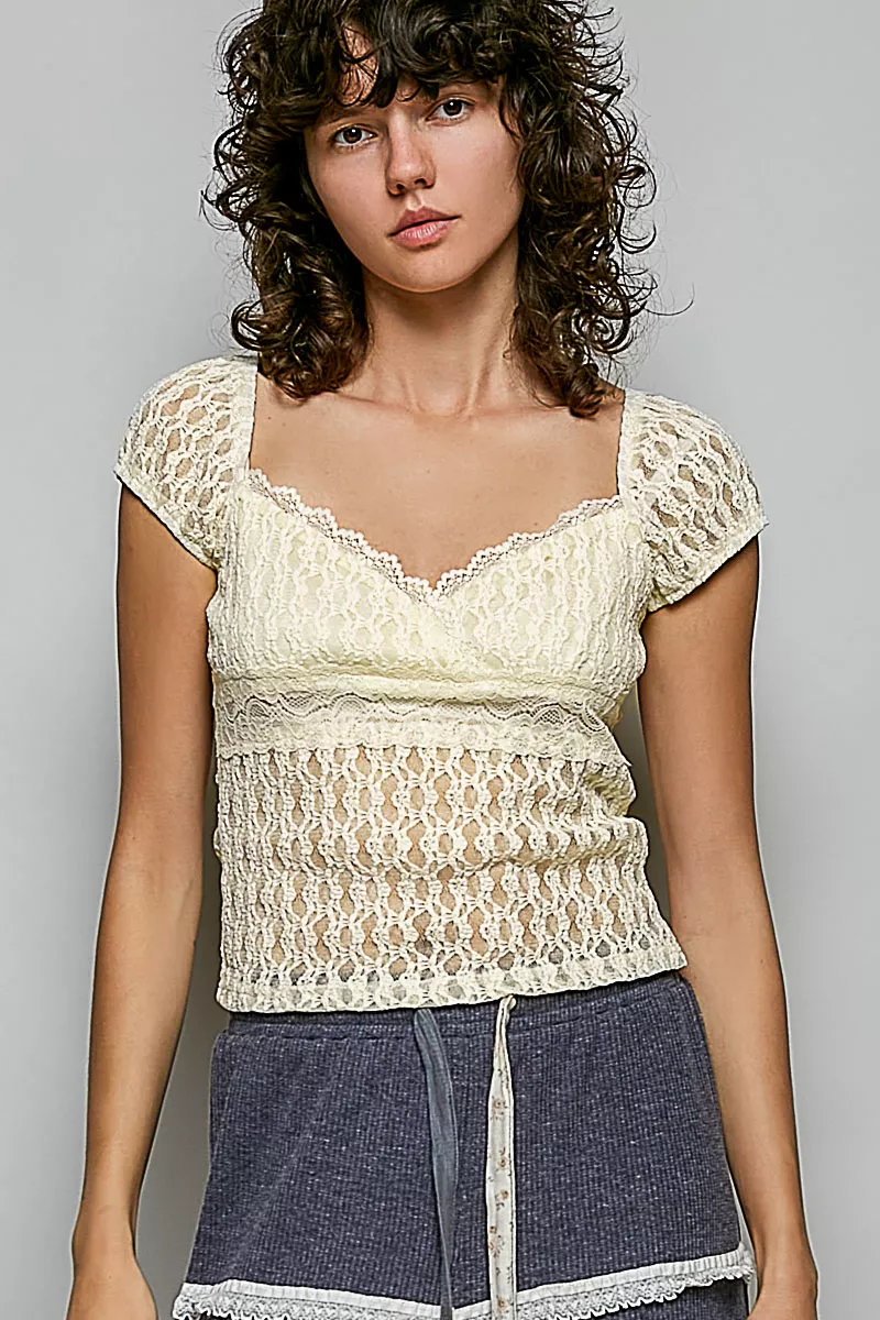 Sweetheart Neck Lace Short Sleeve Top
