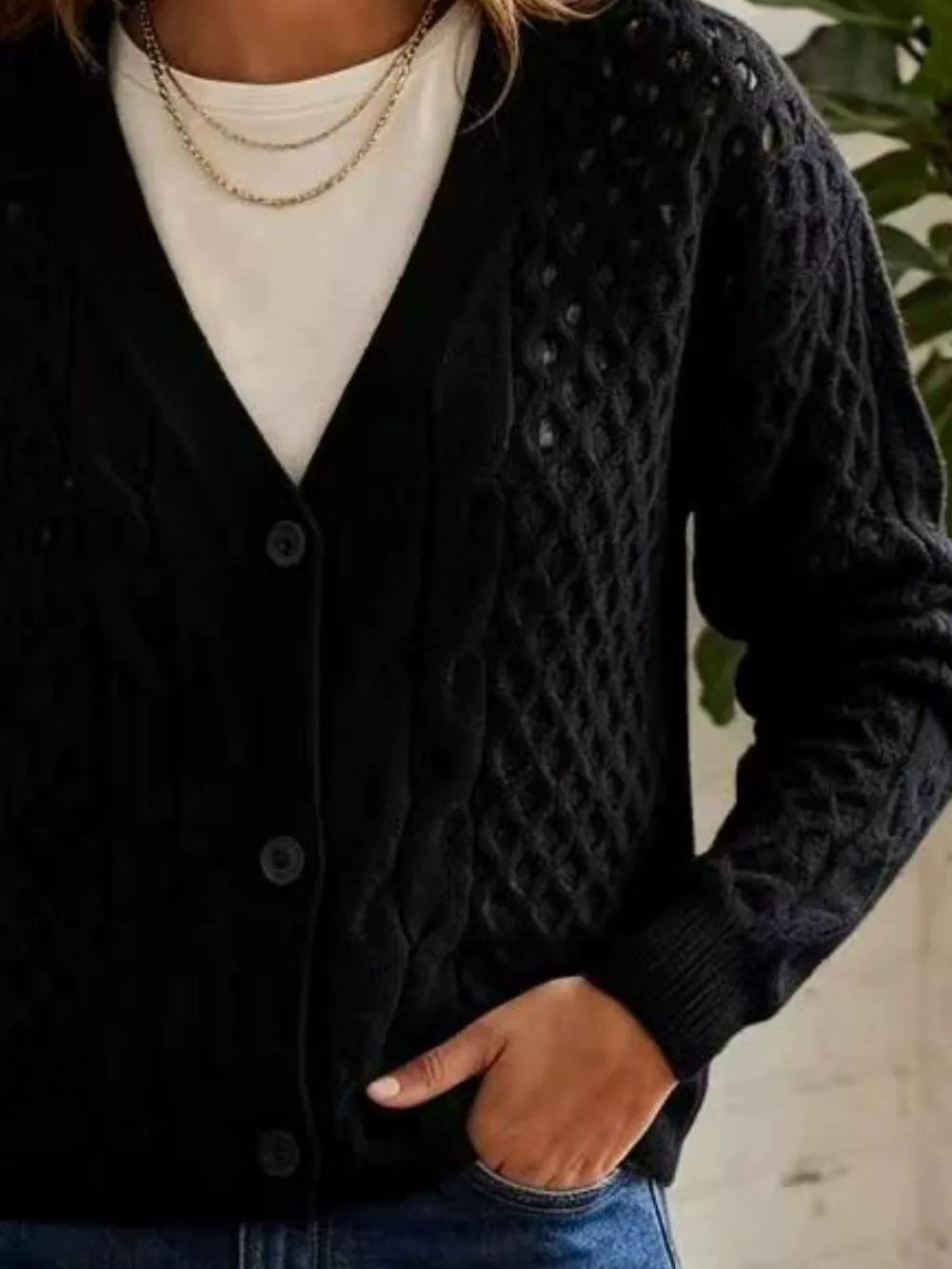 Cable-Knit V-Neck Button-Down Cardigan, image 6