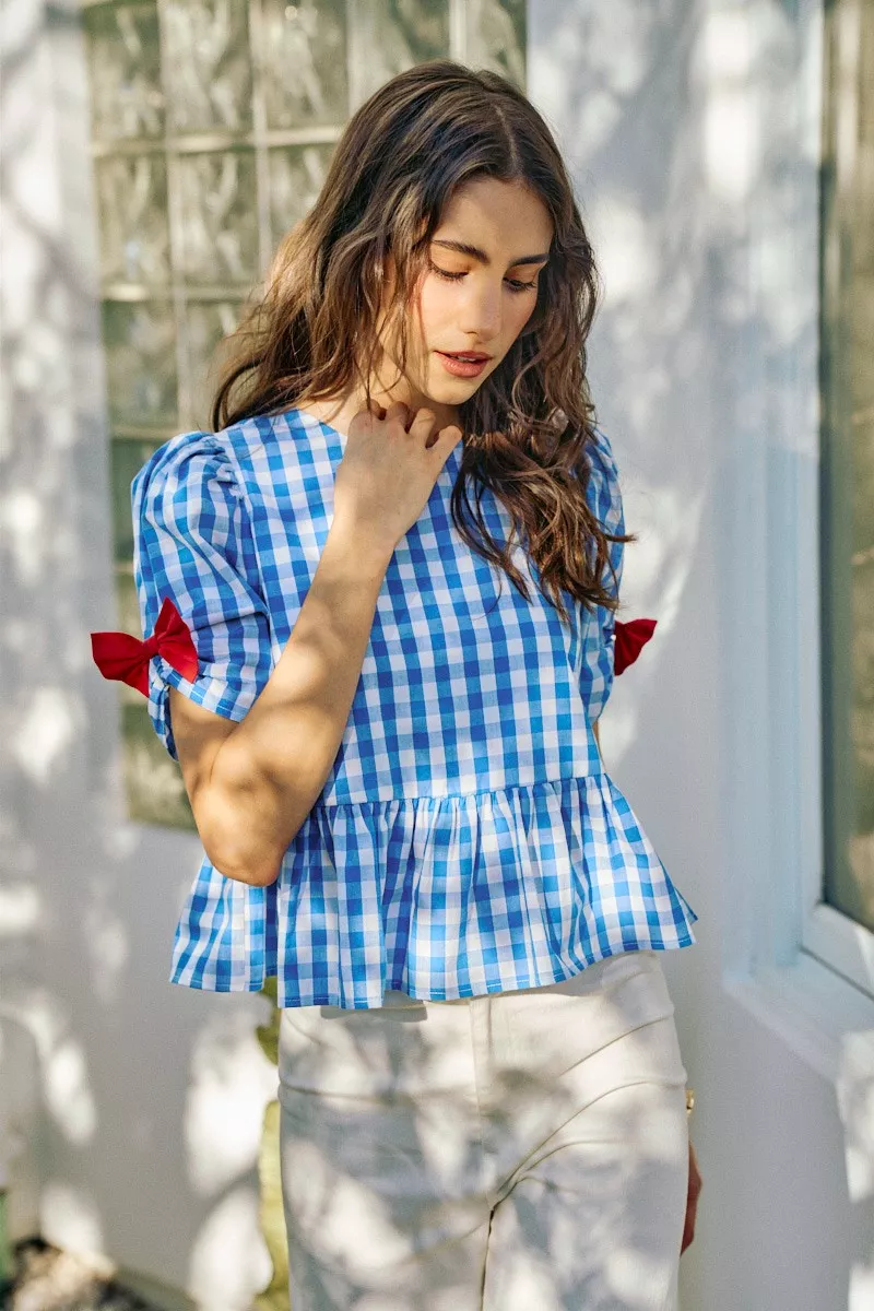 4th Of July Gingham Ribbon Detail Short Sleeves Blouse, image 10