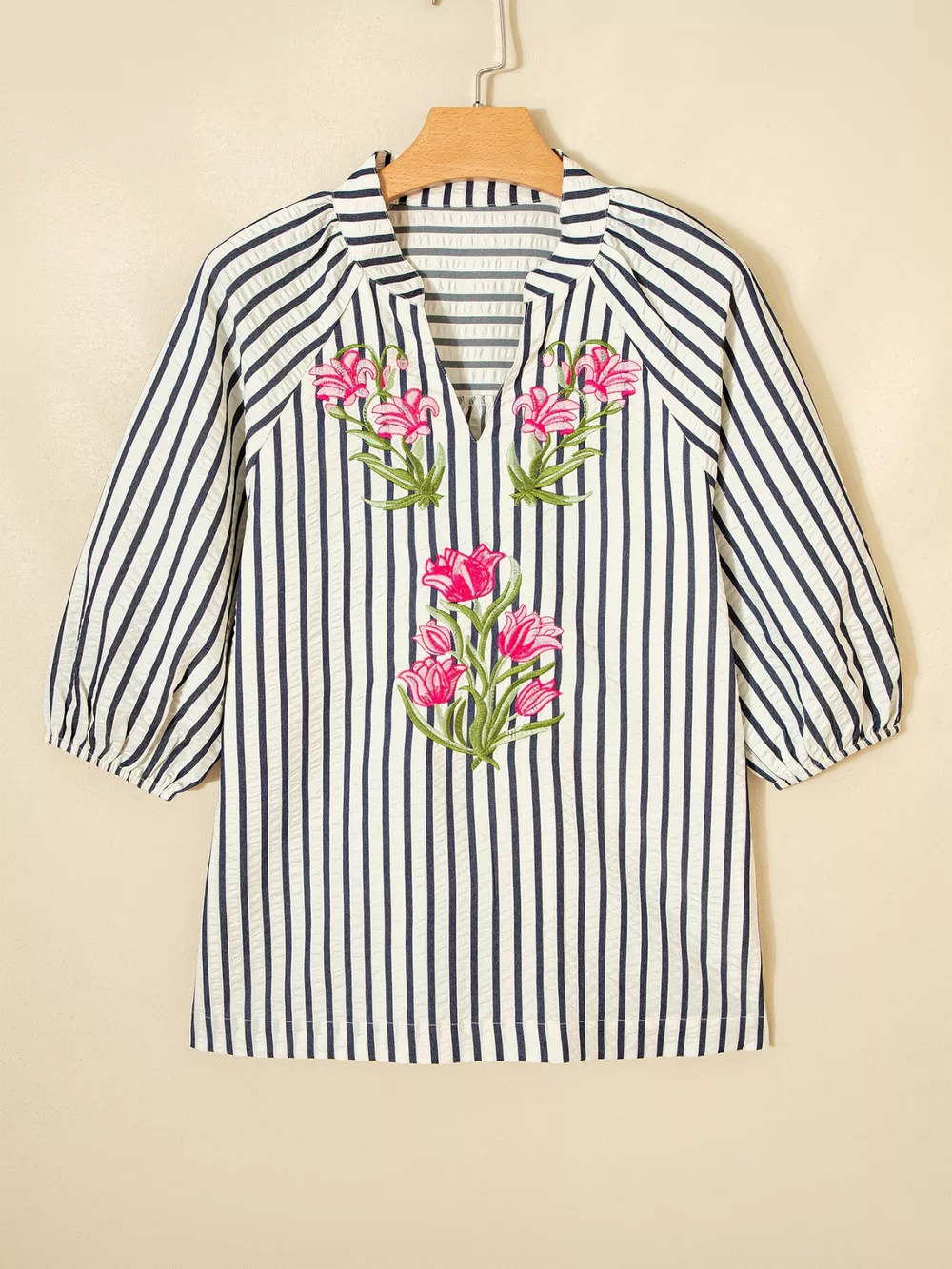 Stripe Floral Embroidered Detail V Neck Short Sleeve Blouse, image 5