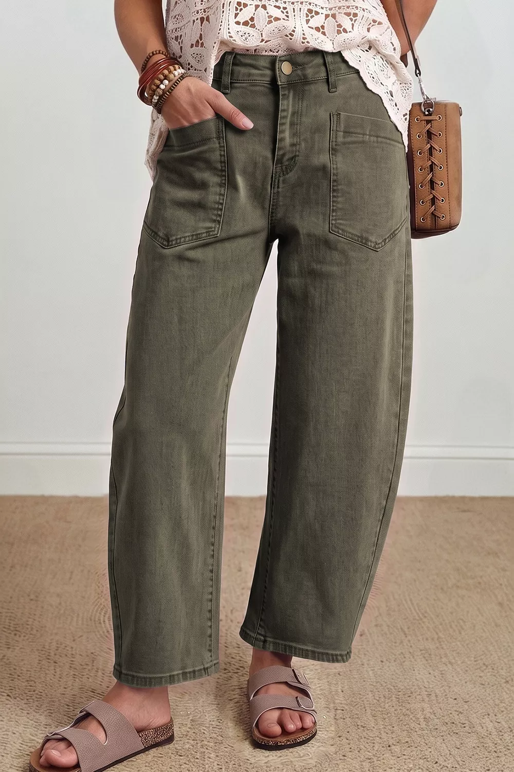 Four Leaf Clover Solid Color Square Patch Pocket Ankle-length Barrel Jeans, image 7