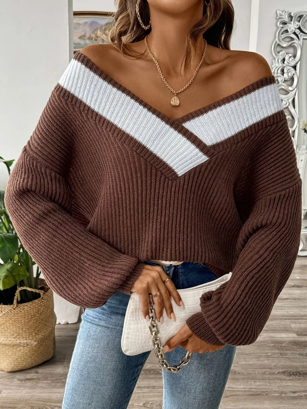 Contrast Dropped Shoulder Long Sleeve Sweater, image 2