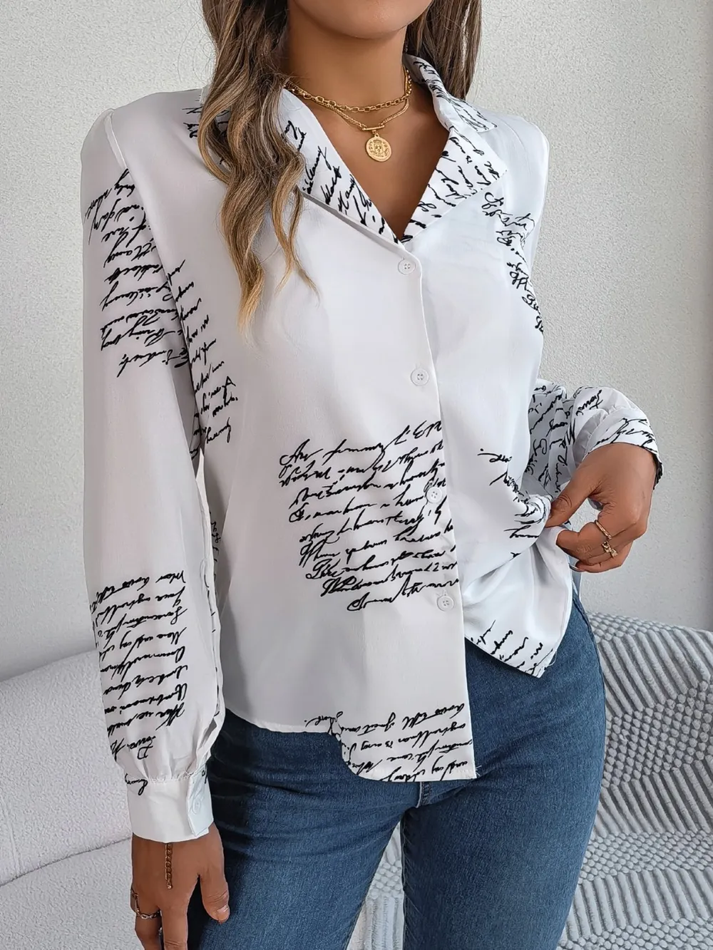 Letter Printed Button Up Long Sleeve Blouse, image 5