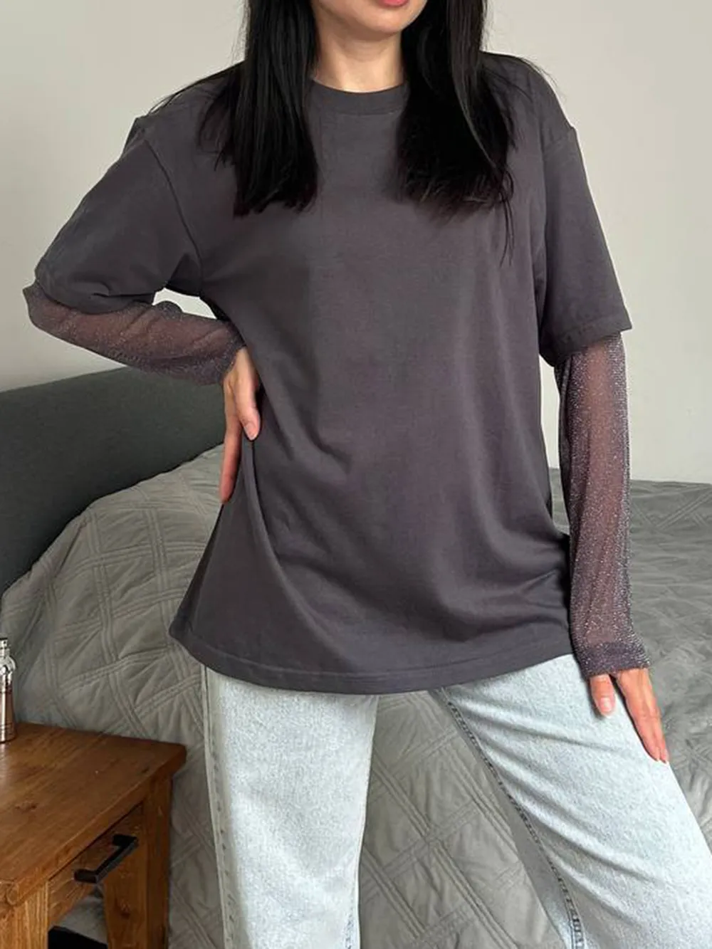 Faux Layered Round Neck Mesh Sleeve Top, image 6