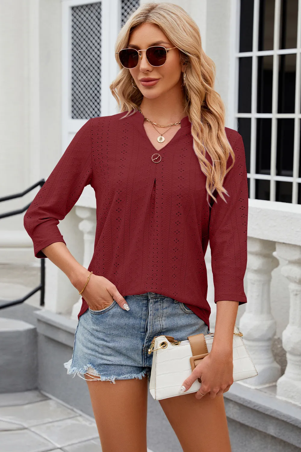Eyelet Notched Knit Jacquard Top, image 2