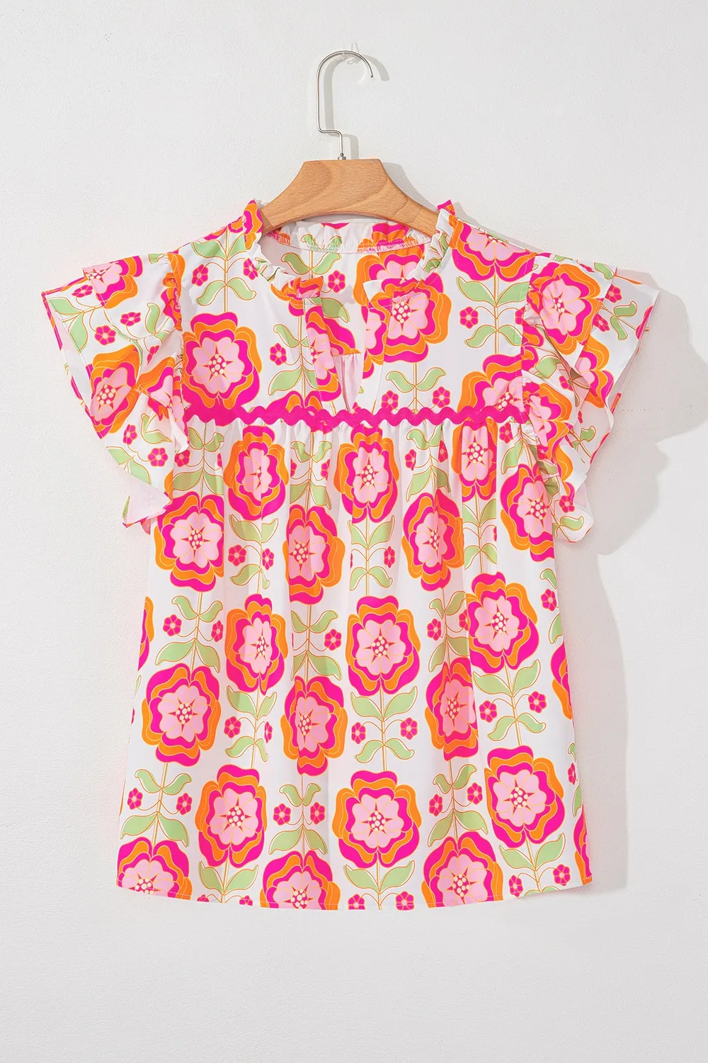 Floral Ruffled Sleeve Ric-Rac Trim Split Neck Loose Blouse, image 7
