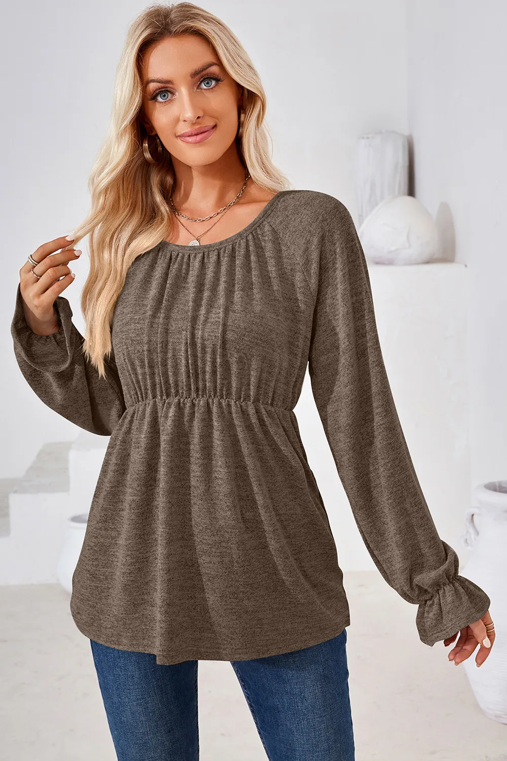 Ruched Round Neck Flounce Sleeve Blouse, image 11