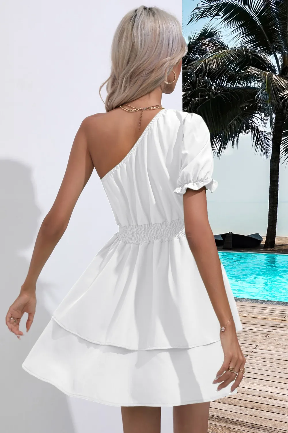 Layered Single Shoulder Flounce Sleeve Mini Dress, image 11
