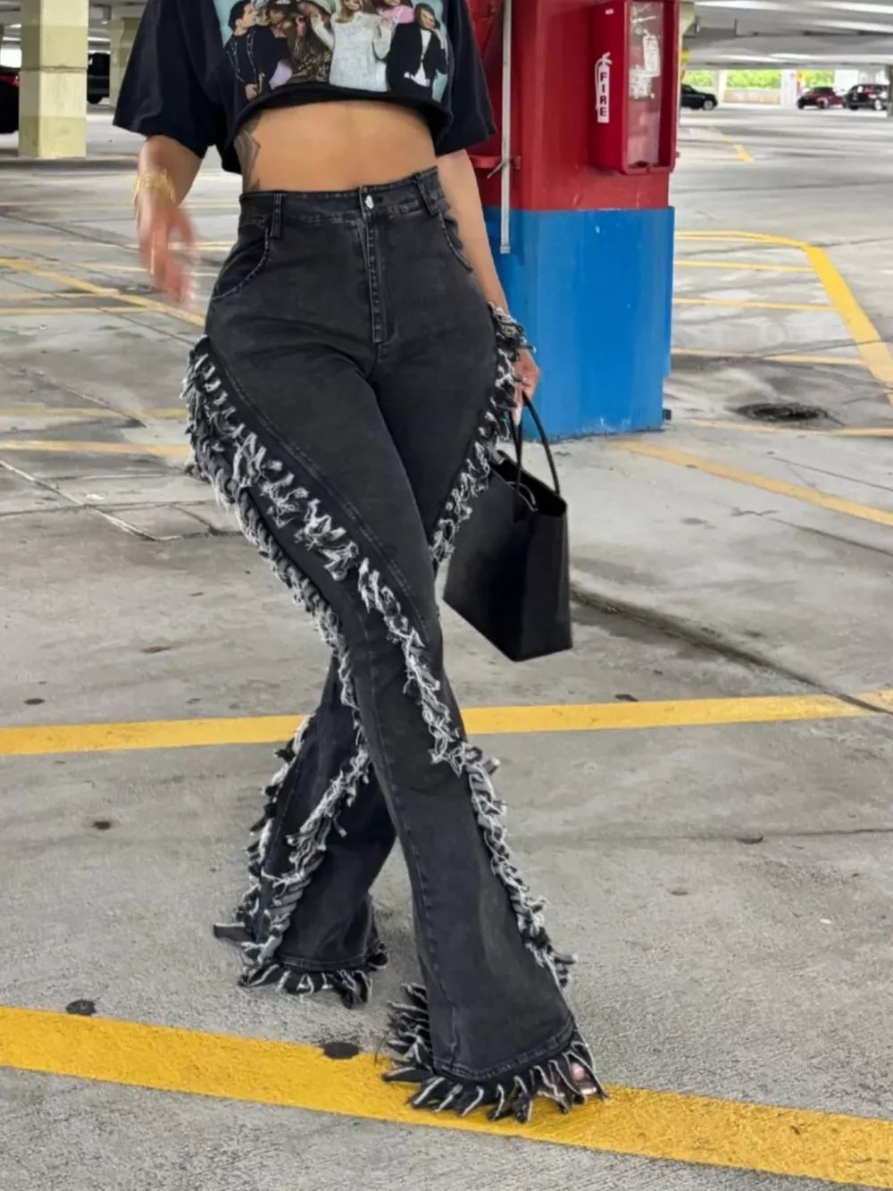 Frayed Trim High Waist Flare Jeans, image 2
