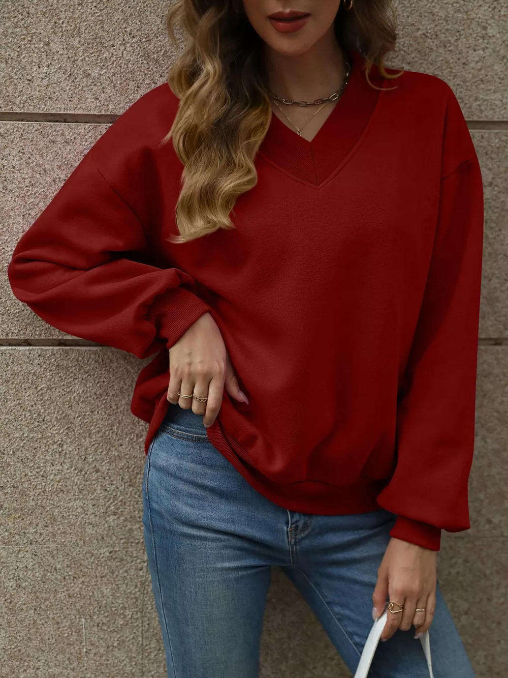 V-Neck Solid Color Casual Sweatshirt, image 14