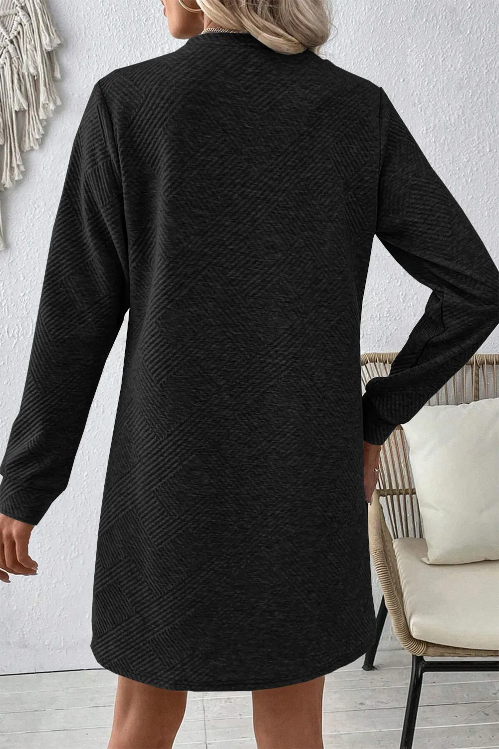 Textured Round Neck Long Sleeve Mini Dress, image 4
