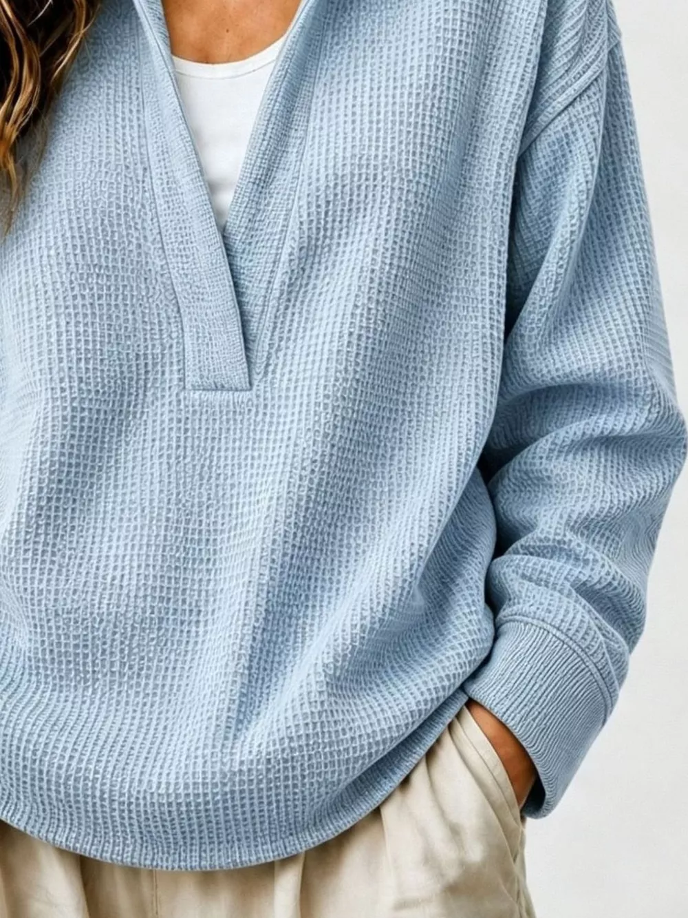 Full Size Waffle Knit Dropped Shoulder Sweatshirt Plus Size, image 15