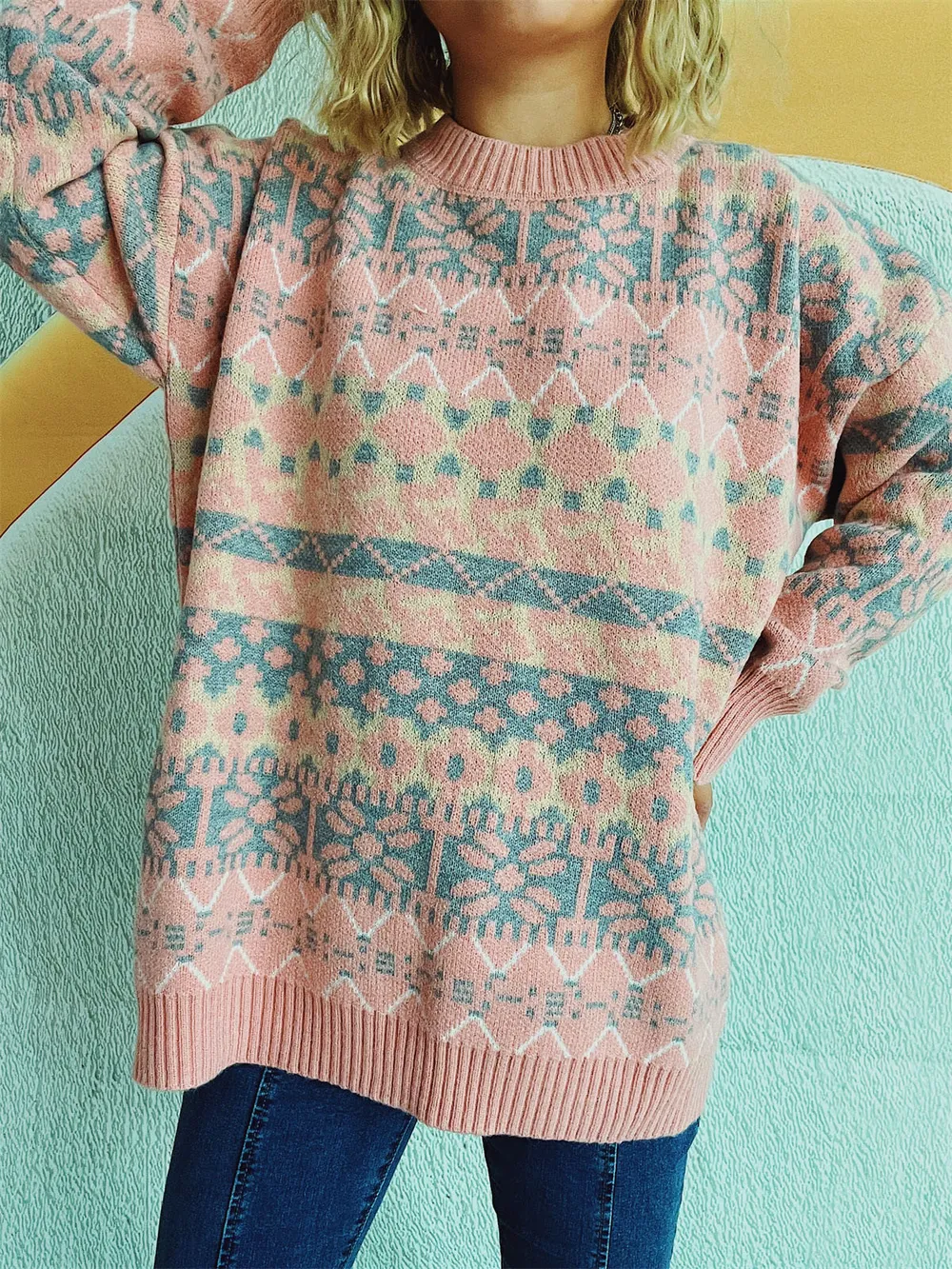 Geometric Round Neck Dropped Shoulder Sweater, image 10