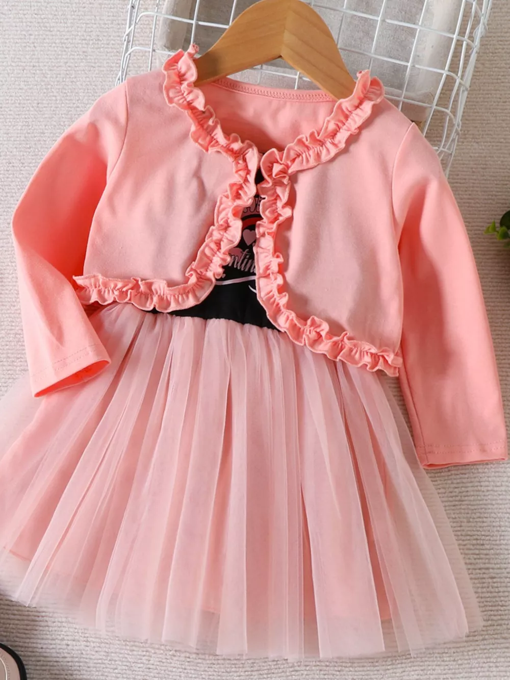 Children's Frill Cardigan and Rainbow Print Tulle Dress Set, image 2