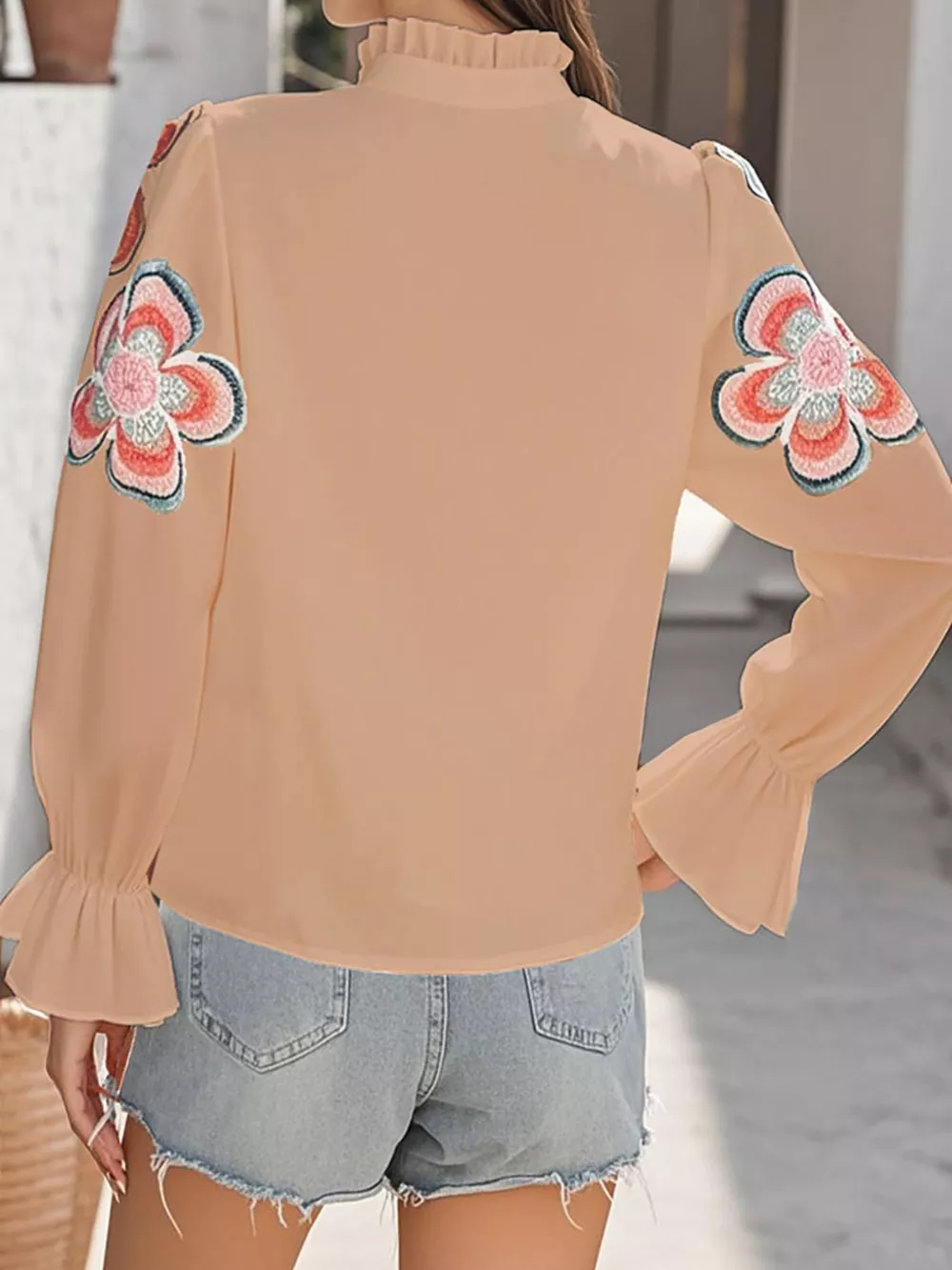 Floral Embroidered Notched Long Sleeve Blouse, image 5