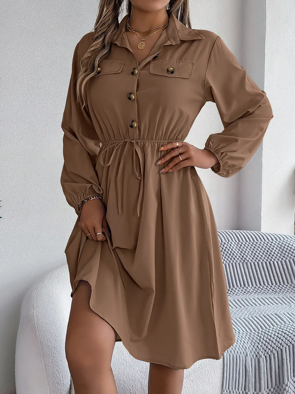 Collared Neck Long Sleeve Dress with Pockets, image 23