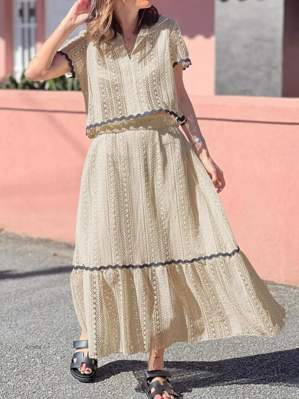 Contrast Trim Openwork Short Sleeve Top and Skirt Set, image 7