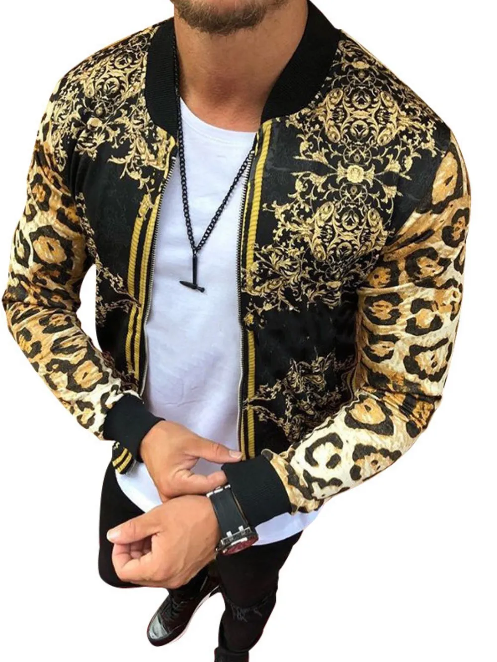 Men's Full Size Printed Zip Up Long Sleeve Top Plus Size, image 4