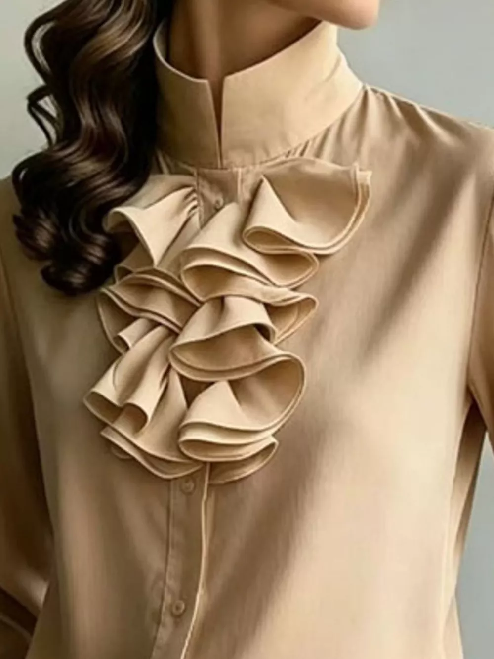 Ruffled Stand-Collar Blouse with Long Lantern Sleeves, image 18