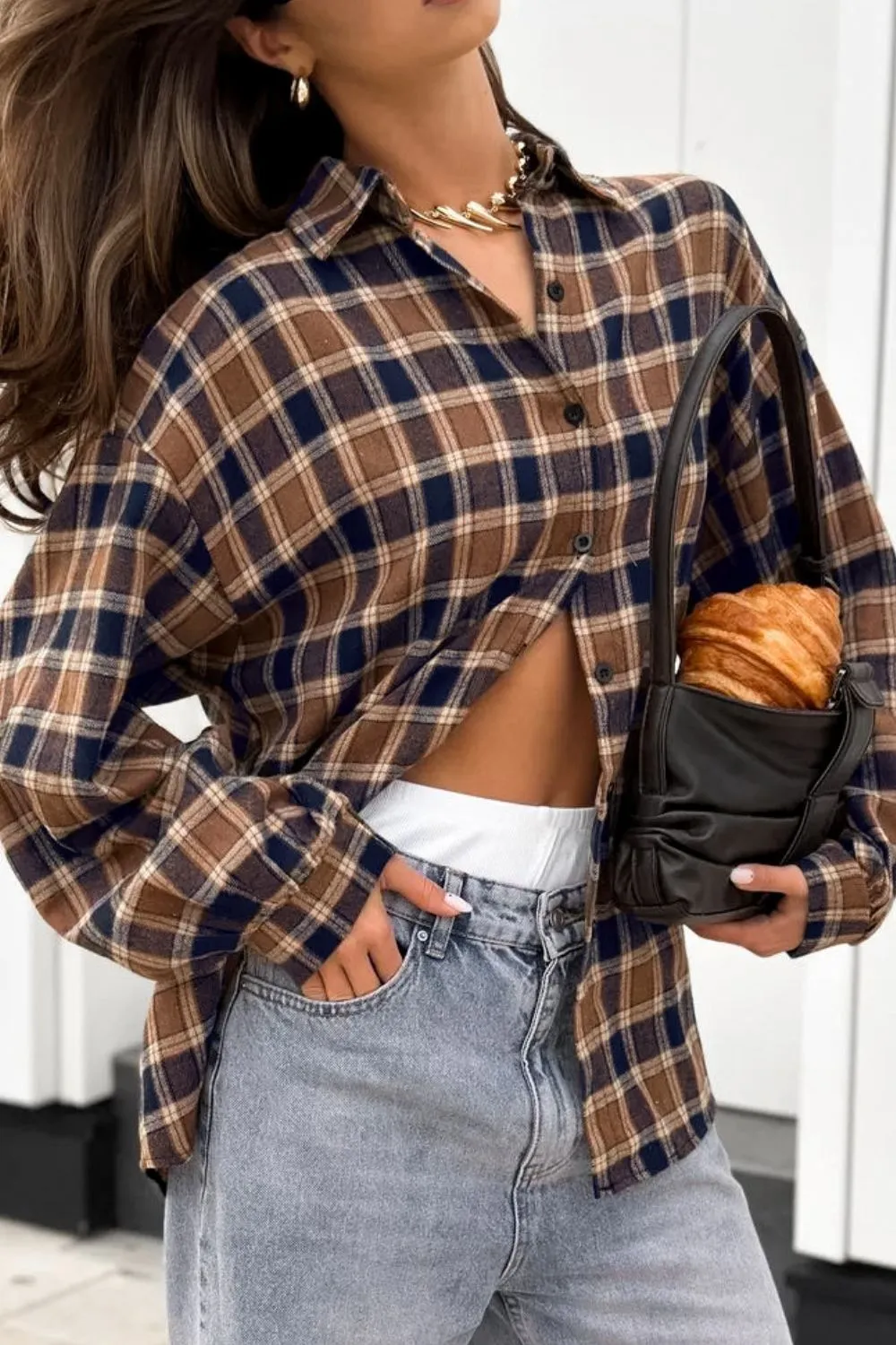 Plaid Button Up Drop Shoulder Shacket, image 5
