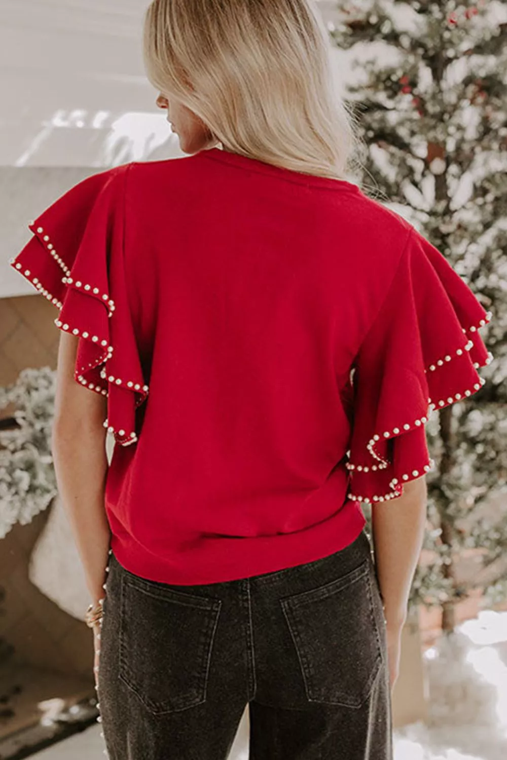 Ruffle Sleeve Pearl Embellished Knit Top, image 3