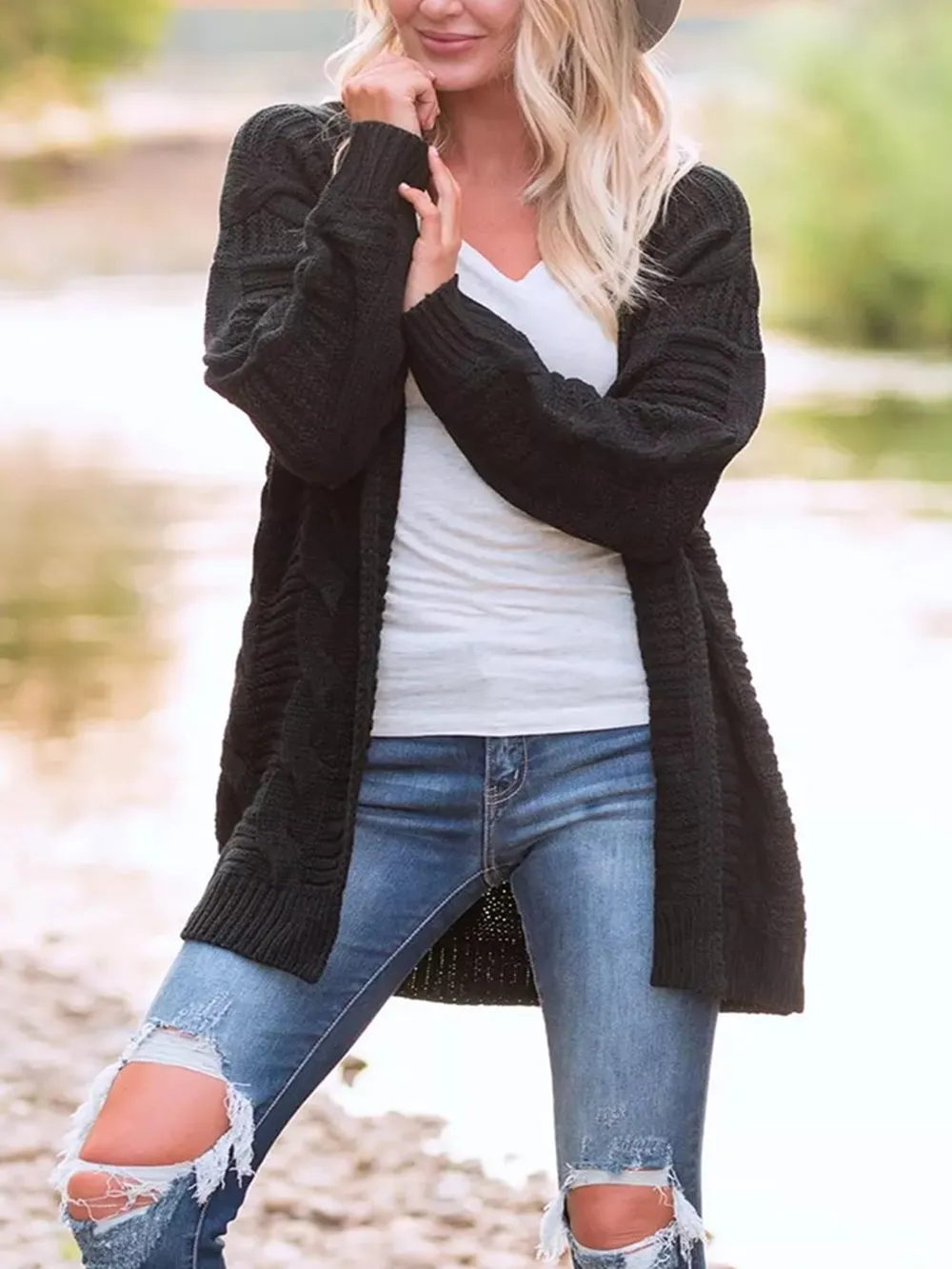 Cable-Knit Open Front Long Sleeve Cardigan, image 7