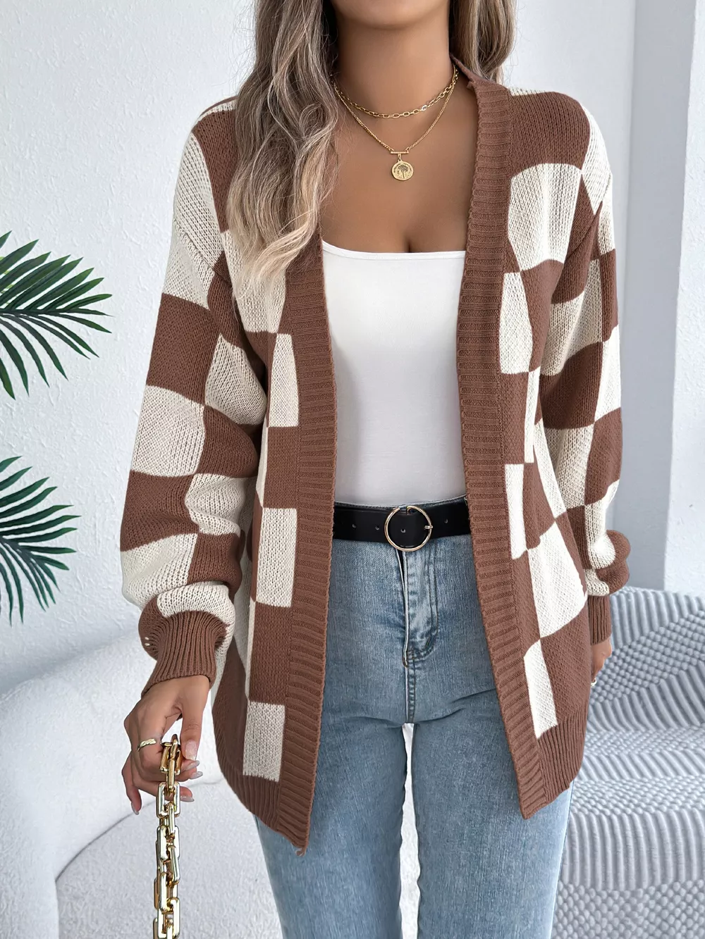 Checkered Pattern Open Front Cardigan, image 5