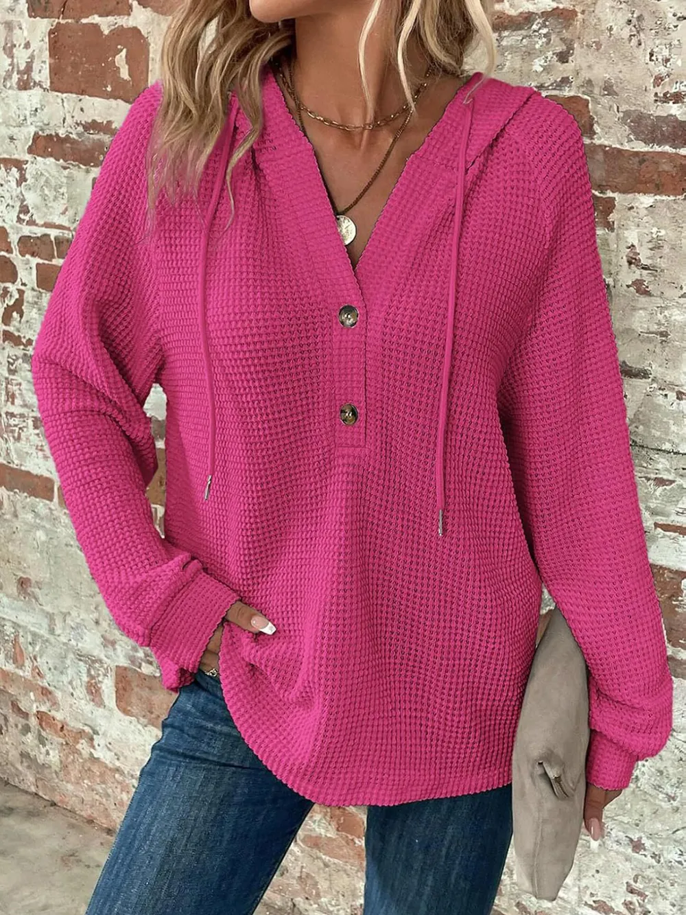 Waffle Knit Long Sleeve Drawstring Hooded Top, image 21