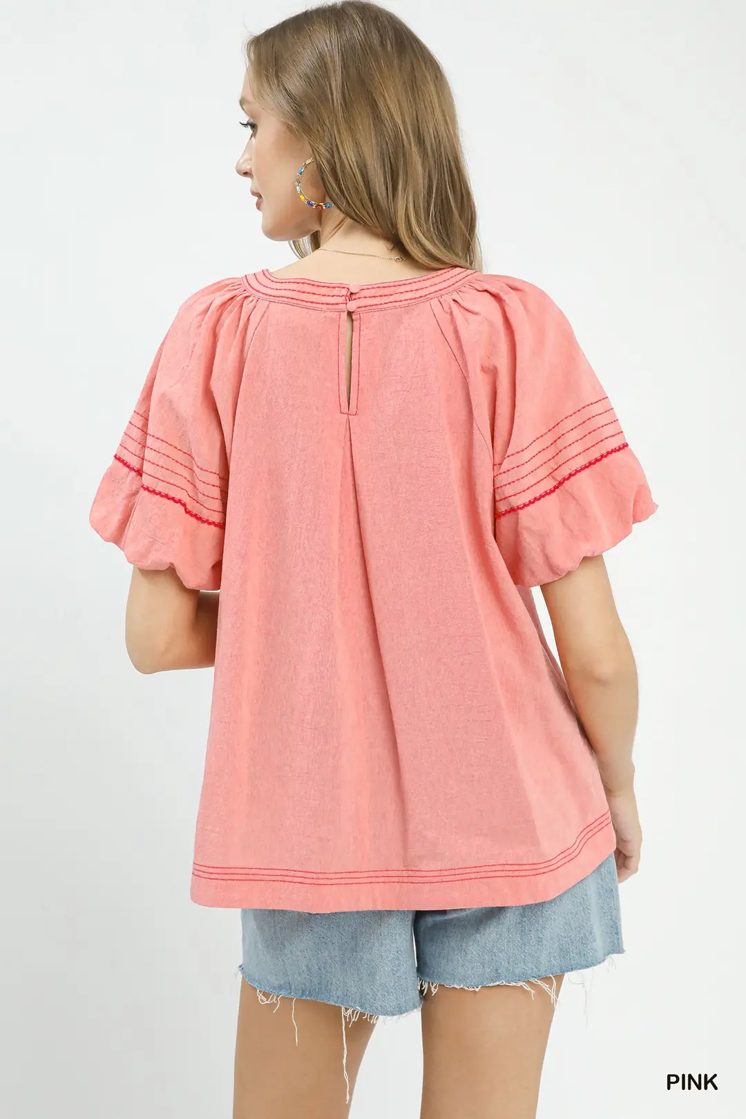 Round Neck Puff Sleeve Top with Contrast Stitch Detail, image 3